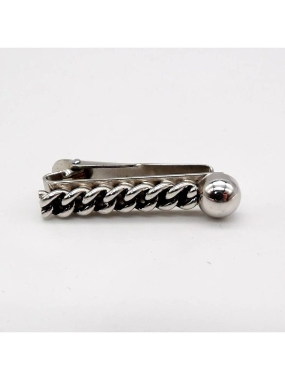 Vintage Silver Tone Chain Link Tie Bar Short Tie Clip 1.5" Ball End